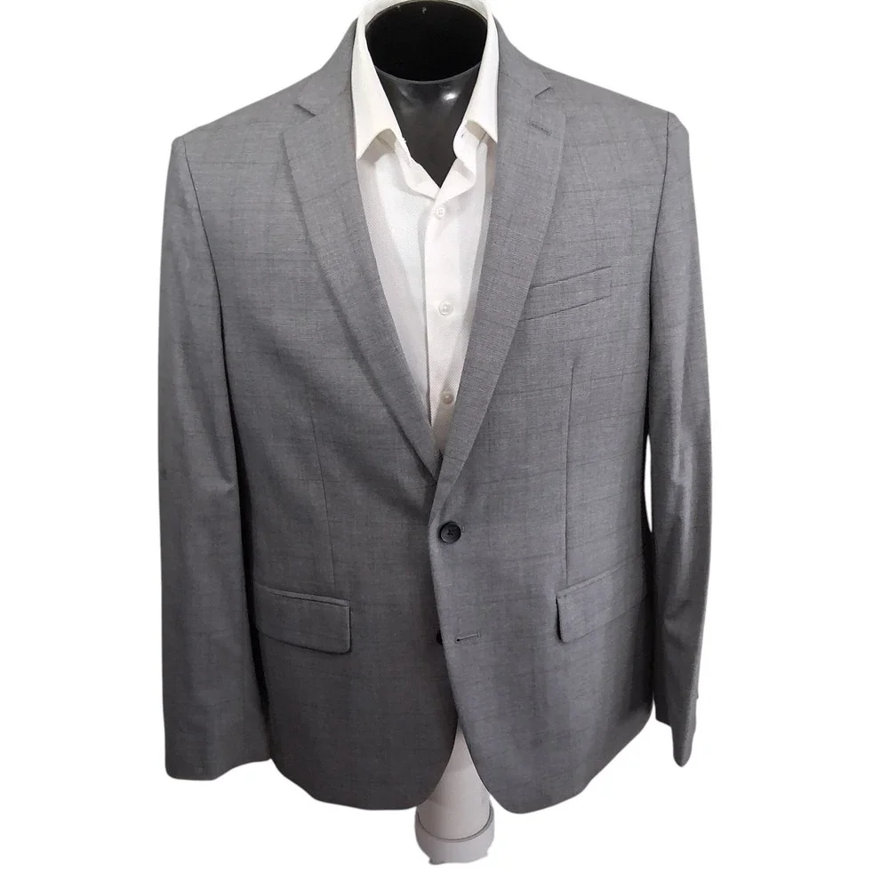 J.M. Haggar Blazer Men 44R Light Gray Glen Plaid Slim Fit Two Button Double Vent